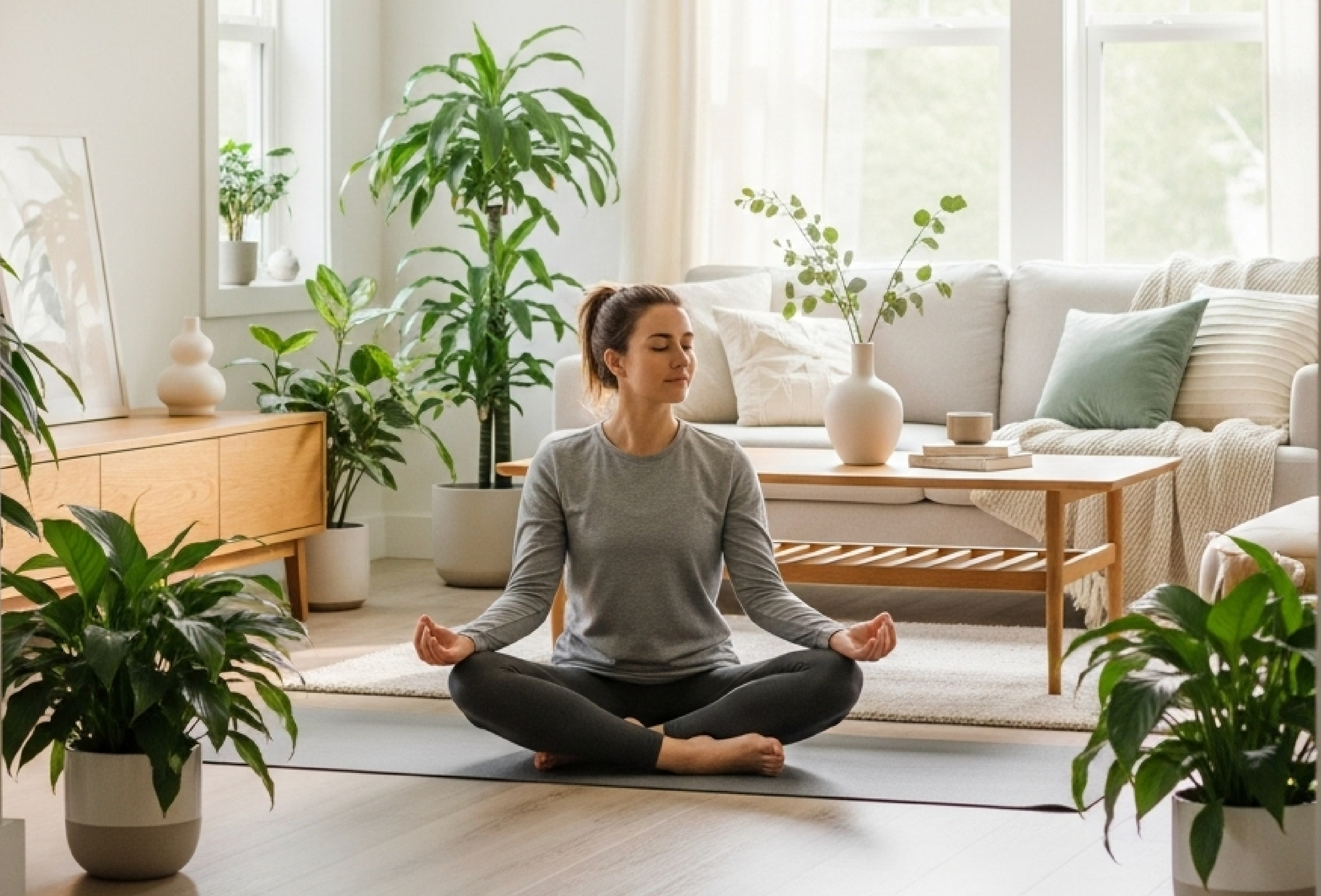Woman meditating in a clean, plant-filled room.
